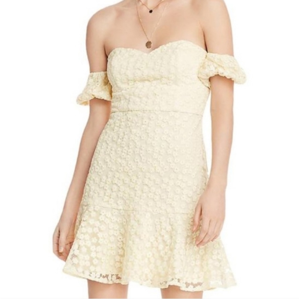 Aqua Ditsy Floral Lace Off-the-Shoulder Mini Dress